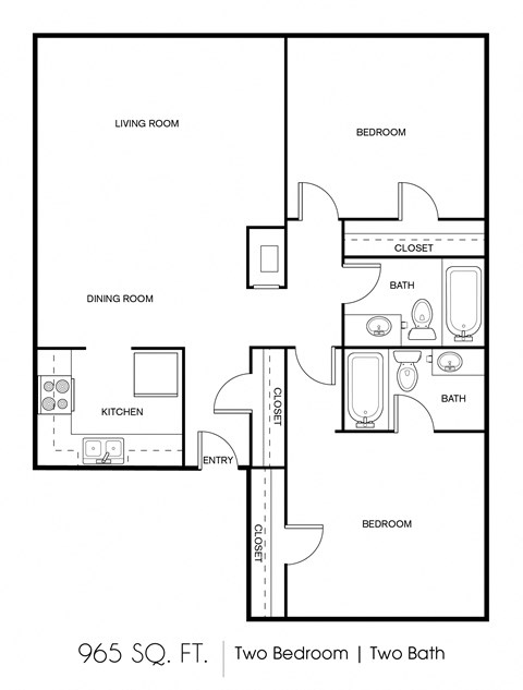 Floor plan for 2 beds, 2 baths, 965 sqft